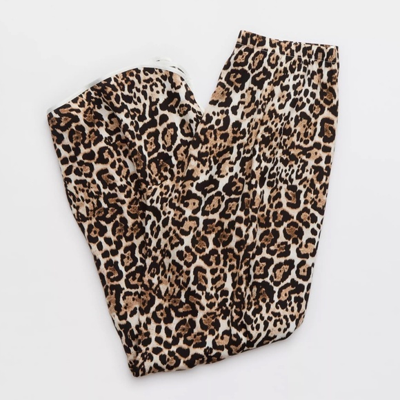 Aerie Size XL Tan Leopard Print Silky Off-Duty Satin Piping Trouser PJ Pants - Picture 5 of 7